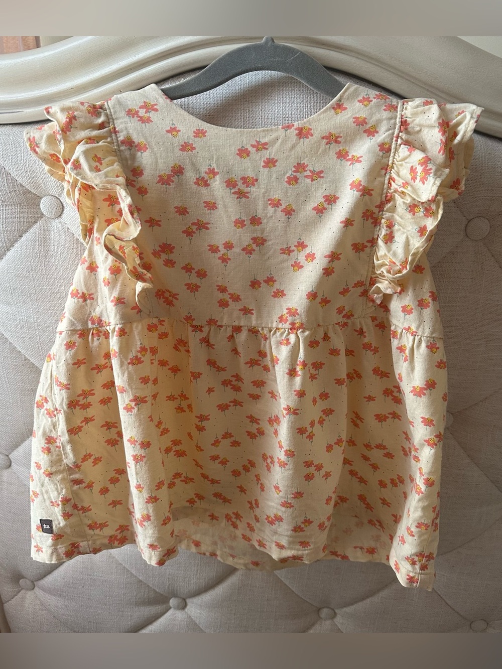 Tea Collection Linen and Cotton Blend Yellow Floral Ruffle Sleeve Blouse
